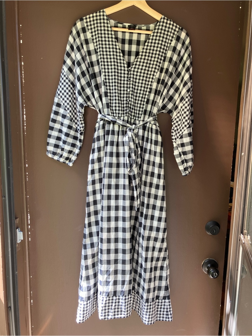 J Crew Black & White Gingham Button-Front Midi Dress with Tie Waist